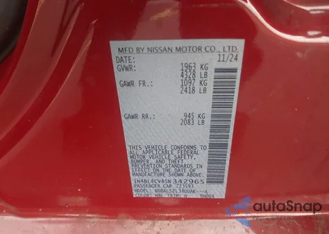 2025 Nissan Altima Sr Fwd из США, поврежденный, VIN 1N4BL4CV4SN342965